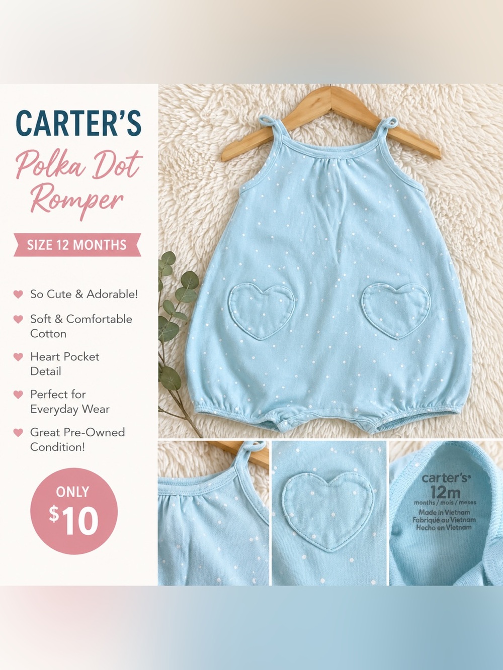 Carter’s Baby Girl Blue Polka Dot Heart Pocket Romper Size 12M
